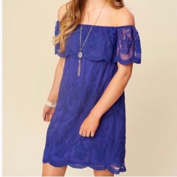 Altar'd State Dresses & Skirts - Altar’d State Blue Lace Off The Shoulder Floral Romantic Shift Dress